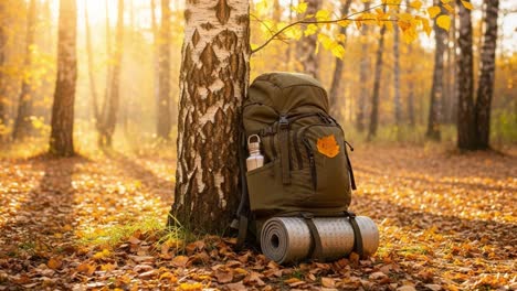 exploring the tranquil beauty of autumn: a well-equipped backpack against a backdrop of golden leaves and soft sunlight in a serene forest setting