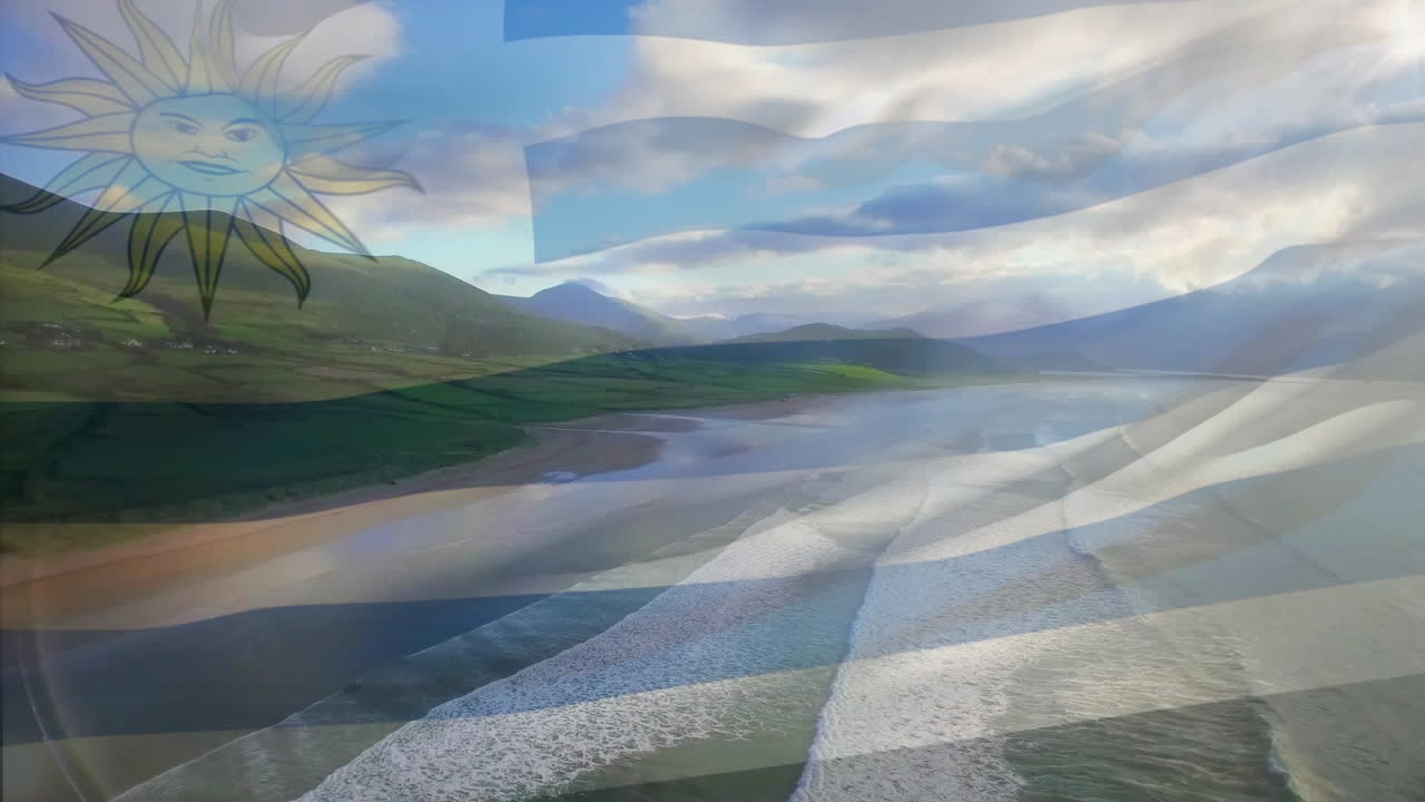 해변 과 바다 의 공중 사진 에 비해 우루과이  ⁇ 발 을 흔들고 있는 디지털 구성