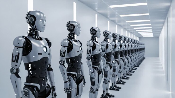 A Futuristic Lineup of Sophisticated Robots Standing in an Advanced Technology Hallway, Showcasing Their Sleek Design and Precision Engineering in a High-Tech Environment.