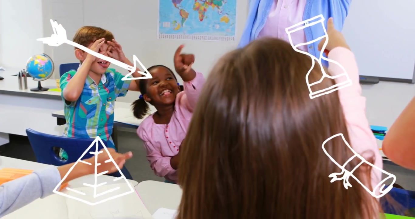 Animação de banners com espaço para texto sobre uma professora caucasiana e alunos se divertindo na escola.