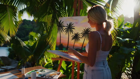 woman painting palm trees at tropical beach sunset
