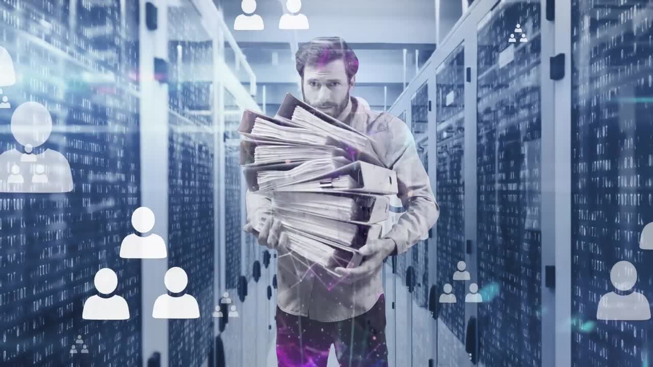 Animation of profile icons floating over caucasian man carrying files against computer server room
