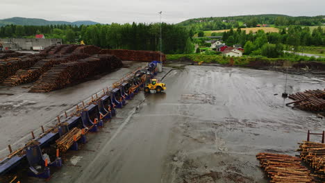 wheeled grapple loader picks up logs delivered via conveyor, lumber mill, drone