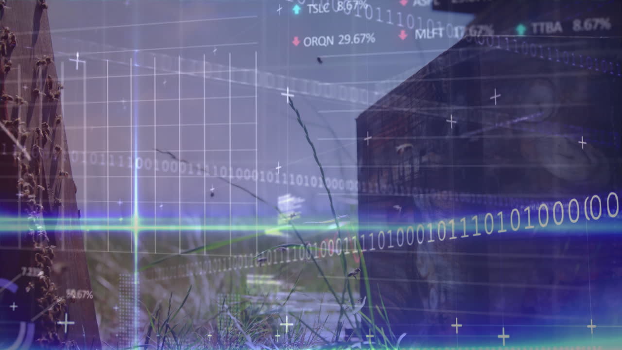 Wooden boathouse on stilts being visualized in lakeshore scene, with grid lines and ticker data