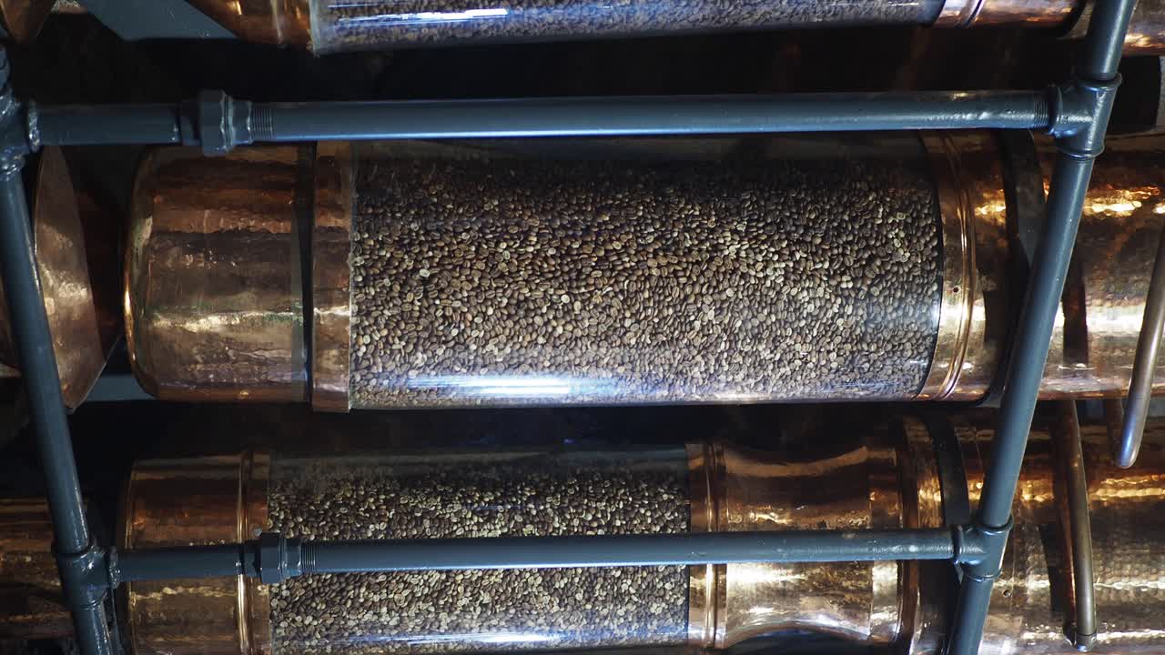 Coffee Beans Displayed in Copper Containers