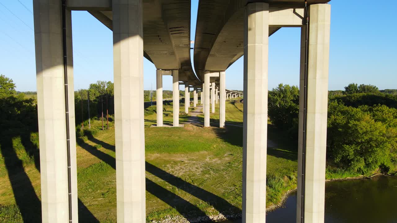 I-75 highway bridge with high poles, flying under