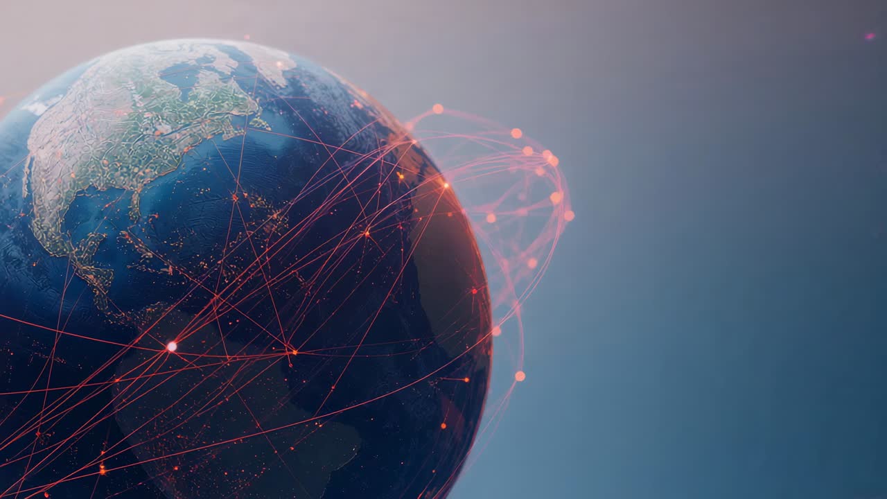 Panning camera revealing CGI globe rotating with brightening red arcs and pulsing nodes, copy space