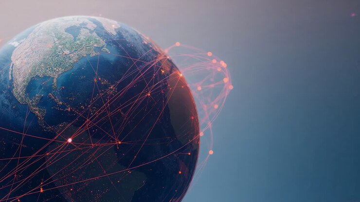 Panning camera revealing CGI globe rotating with brightening red arcs and pulsing nodes, copy space
