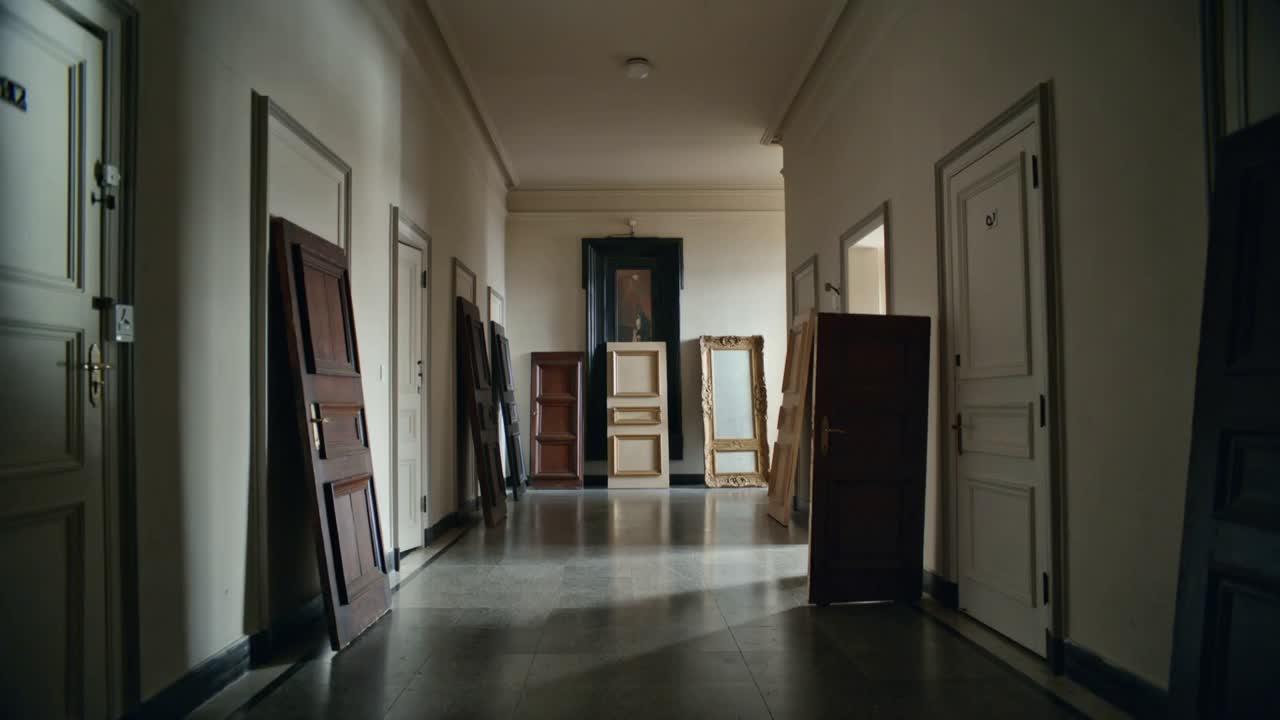 Mostrando porte socchiuse e uno specchio che cattura una luce ampia e si inclina in un corridoio stretto, suggerendo una riparazione.
