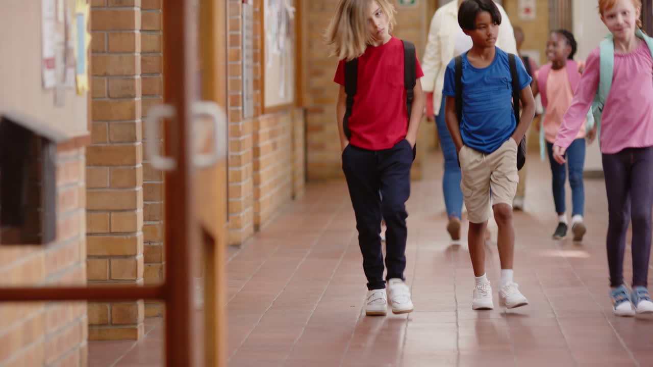 Walking in school hallway, children with backpacks heading to class