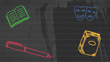 animación de los iconos de los artículos escolares sobre un fondo gris angustiado