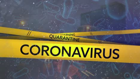 Yellow-police-tapes-with-Coronavirus,-Warning-and-Quarantine-text-against-night-city-traffic