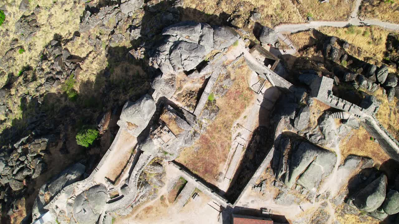 Drone shot castle of Monsanto in Portugal