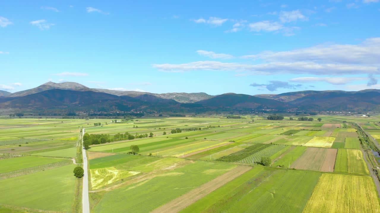유럽의 산으로 둘러싸인 작은 농장의 다채로운 소포가 있는 아름다운 들판