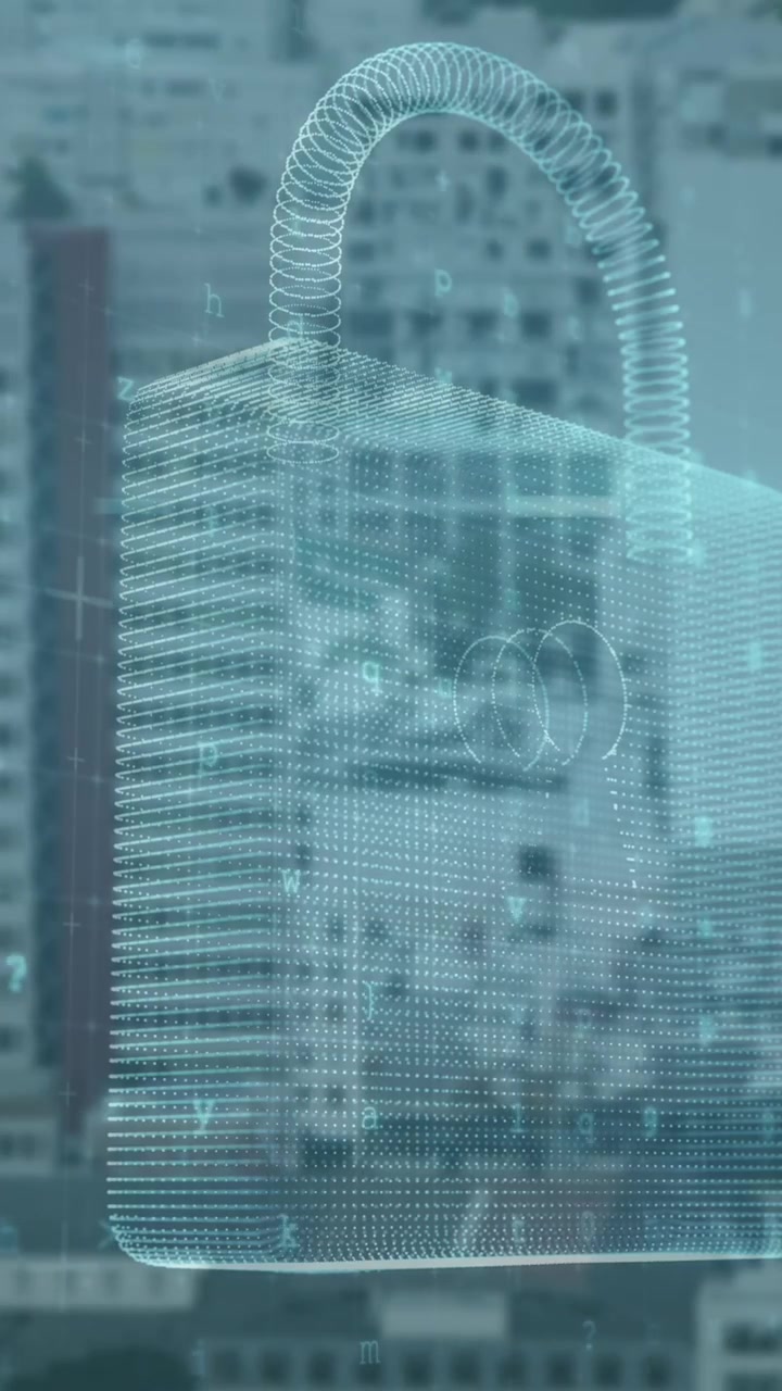 Animation of data processing and padlock over cityscape