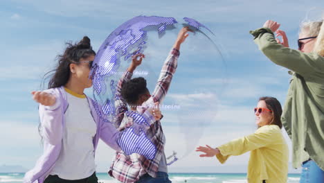 diverse group of friends dancing on beach with digital globe overlay animation