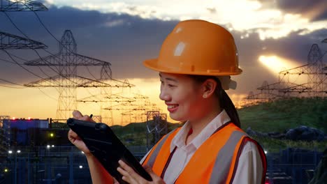 vista lateral de cerca de una ingeniera asiática con casco de seguridad tomando nota en la tableta y mirando a su alrededor mientras está de pie cerca de la torre de alto voltaje