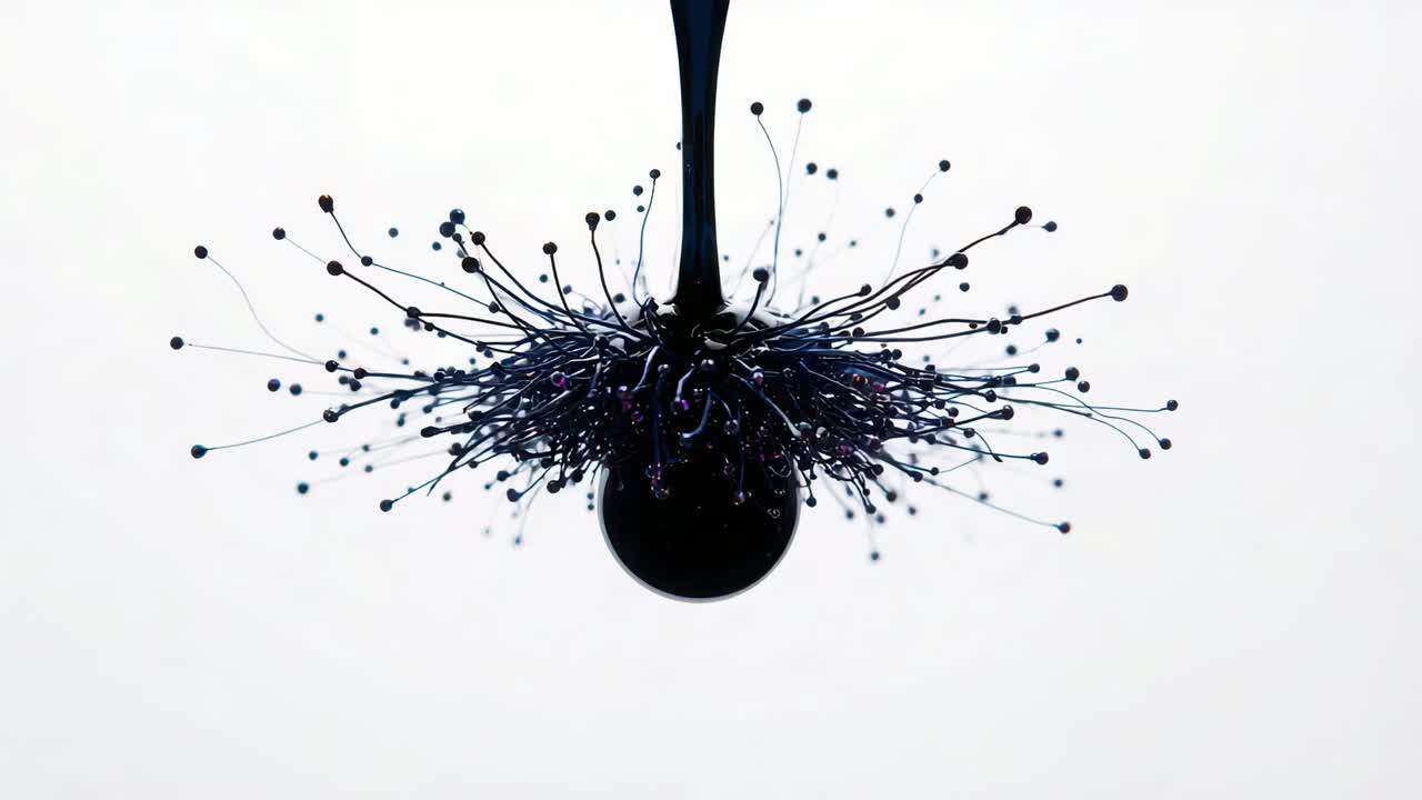 Goccia di liquido viscoso e scuro dall'ugello, pendente centrale che si forma e irradia filamenti in studio