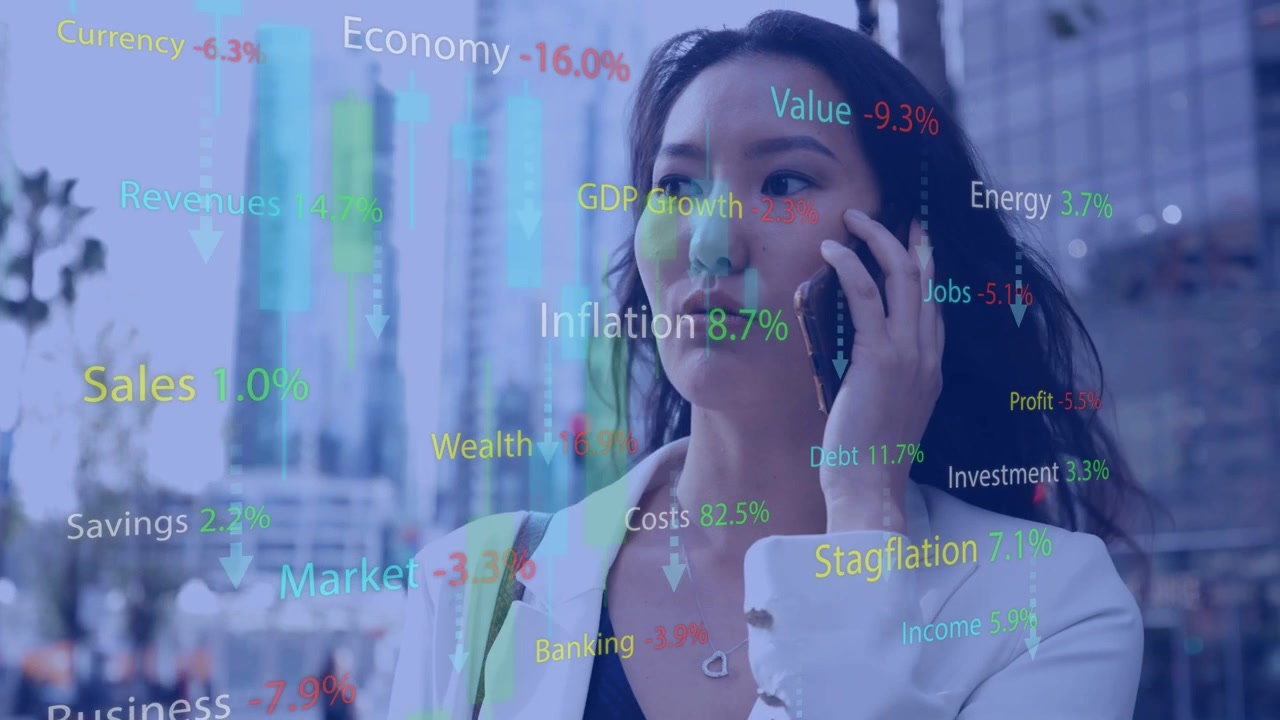 Vertical video: Walking CEO in blazer taking phone call and discussing inflation overlays downtown