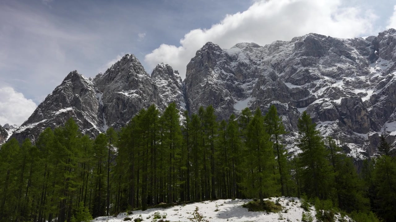 Slovenya, Avrupa'da, Vršič Geçidi yakınındaki Alp ormanının üzerinde yükselen engebeli Julian Alpleri'nin gündüz panoramik görünümü, pan çekim.