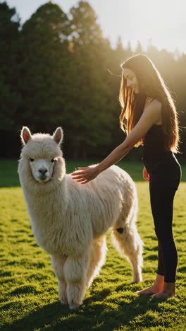 woman petting an alpaca in a sunny field