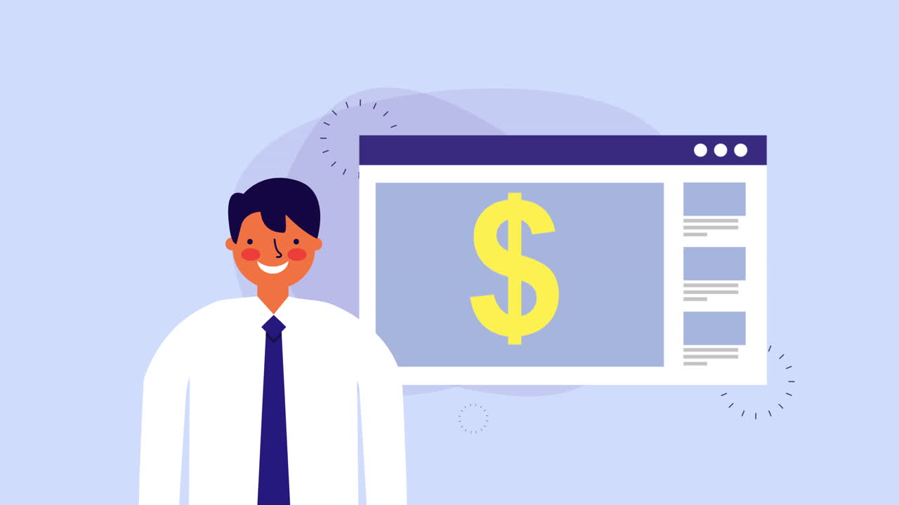 웹 페이지 템플릿과 돈을 가진 사업가 노동자