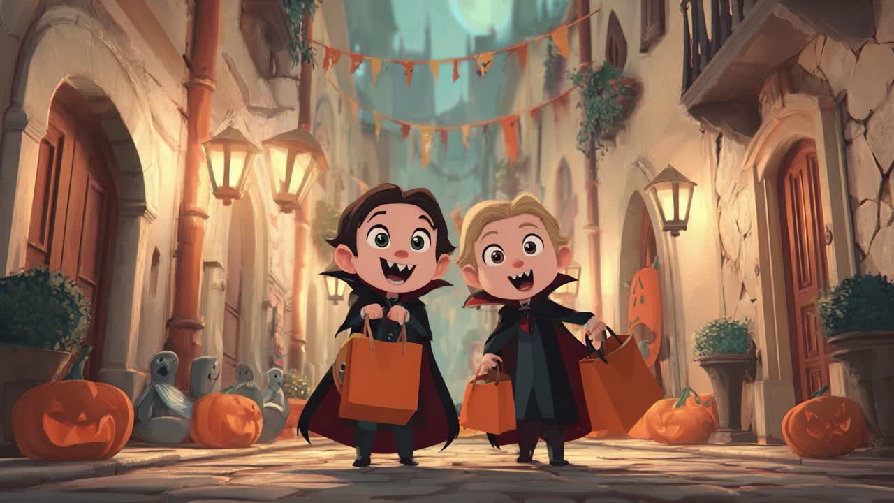 To glade, unge vampyrer med kapper og Halloween-poser slentrer gennem en festlig, hjemsøgt gade dekoreret med græskar og uhyggelige lanterner, der udtrykker glæden ved sæsonen