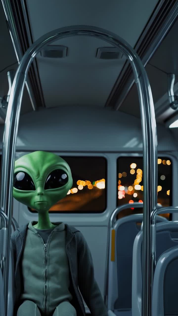 Green alien wearing casual clothes, standing on a public transport bus at night, gazing out the window at the vibrant city lights, immersed in the urban atmosphere