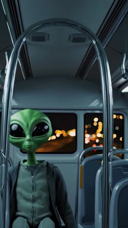 green alien wearing casual clothes, standing on a public transport bus at night, gazing out the window at the vibrant city lights, immersed in the urban atmosphere