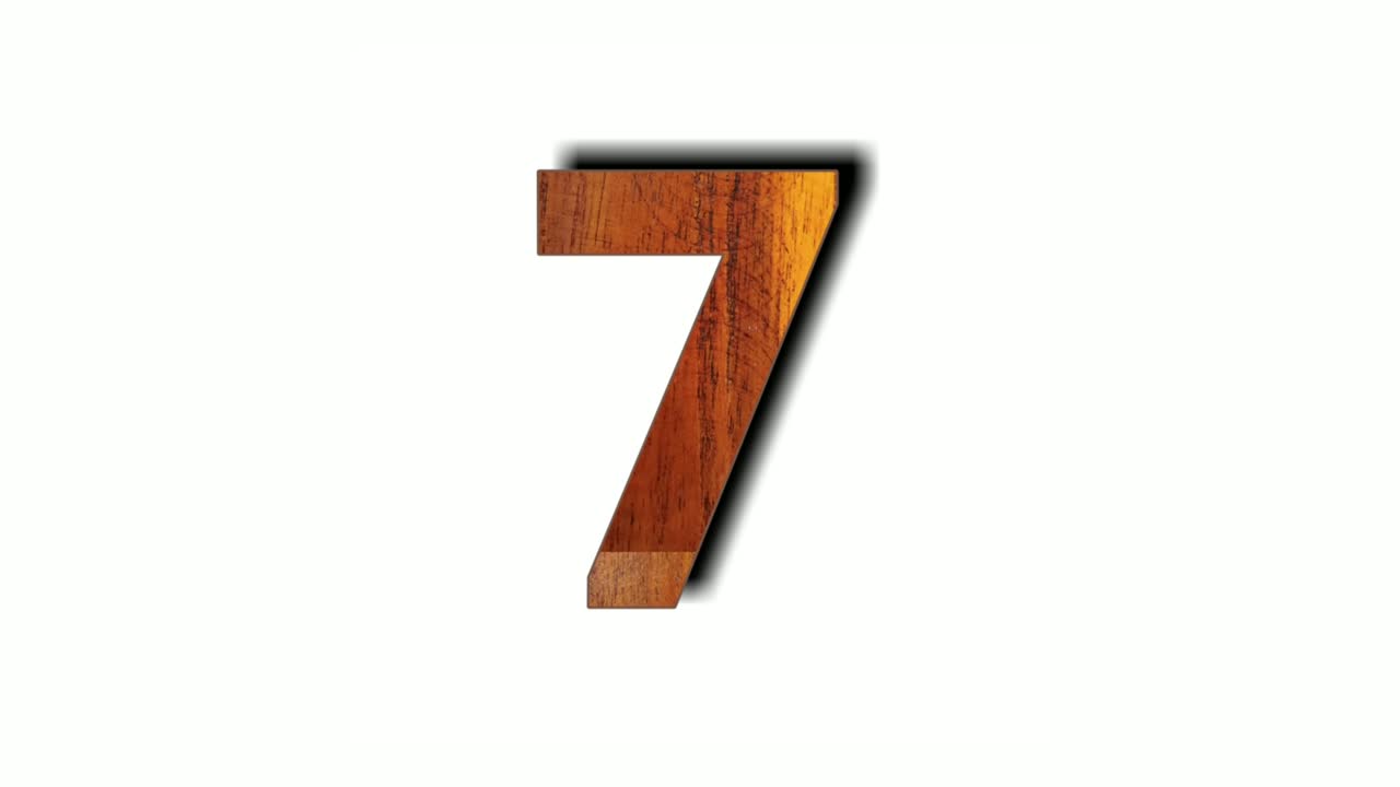 Wooden number 7 seven animation isolated on white background. Motion graphics numbers sign symbol for video element