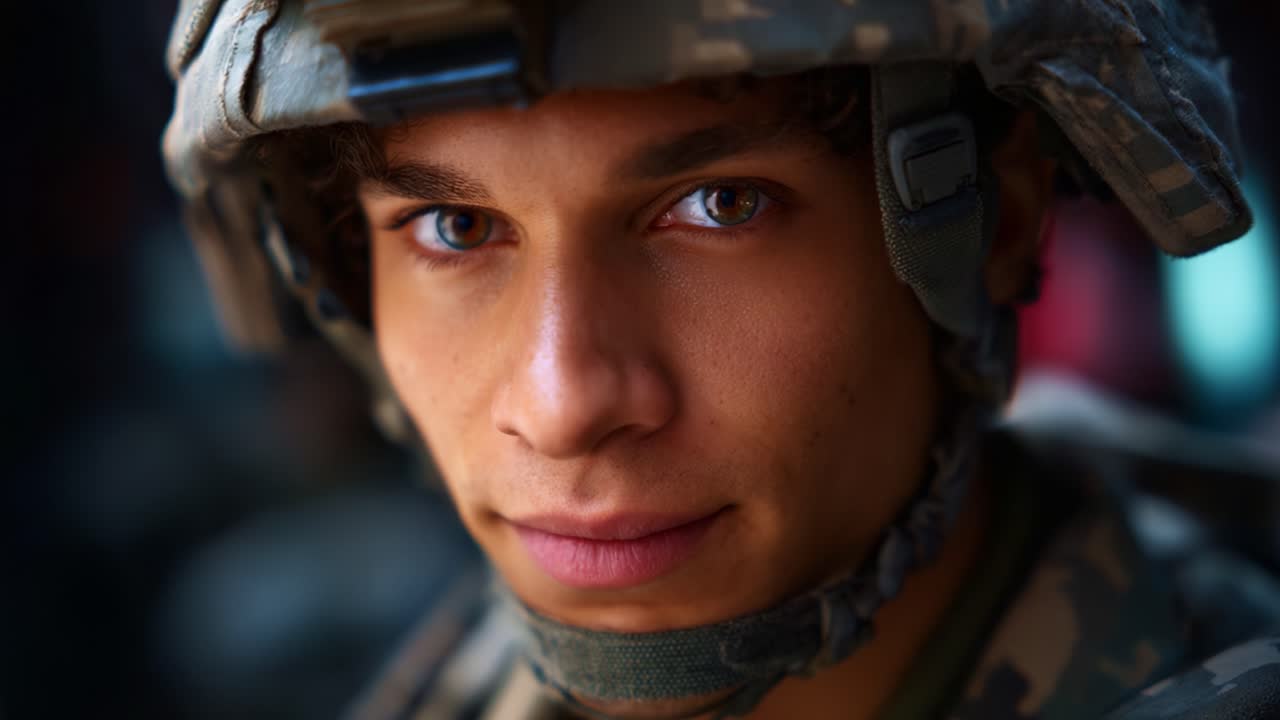 Portrait of a Young Soldier in Military Gear, Capturing Determination and Strength in a Focused Moment, Showcasing the Spirit of Courageous Service and Duty