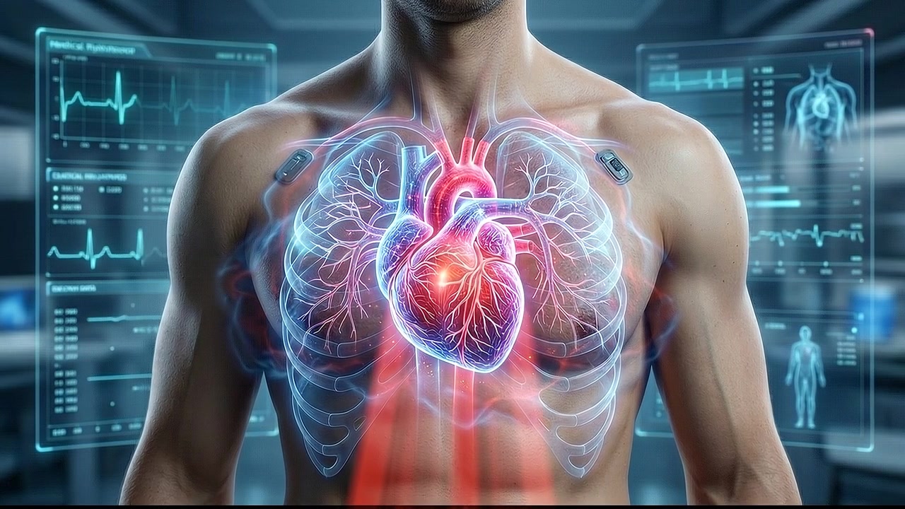 Illustrazione medica dettagliata del sistema cardiovascolare all'interno di un torso muscoloso.