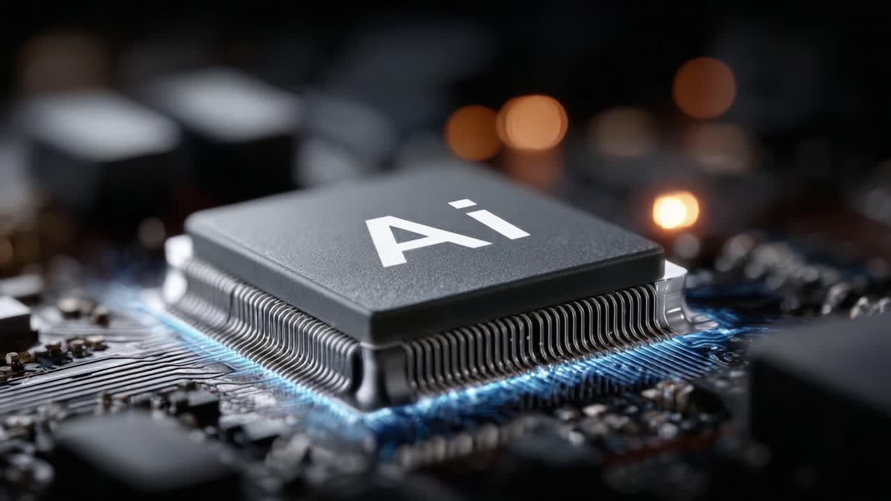 A Close-Up Examination of an AI Microchip Superimposed on a Circuit Board, Illuminated by Subtle Lights Showing the Seamless Integration of Technology and Intelligence