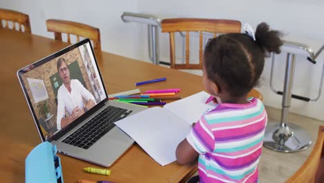 Niña-Afroamericana-Haciendo-La-Tarea-Mientras-Tiene-Una-Videollamada-Con-Un-Maestro-En-Una-Computadora-Portátil-En-Casa