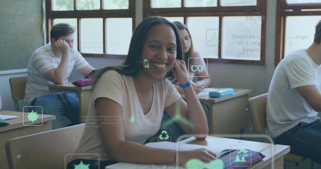 Female pupil smiling at camera upon shot settling as icons showing eco stats swirling in classroom