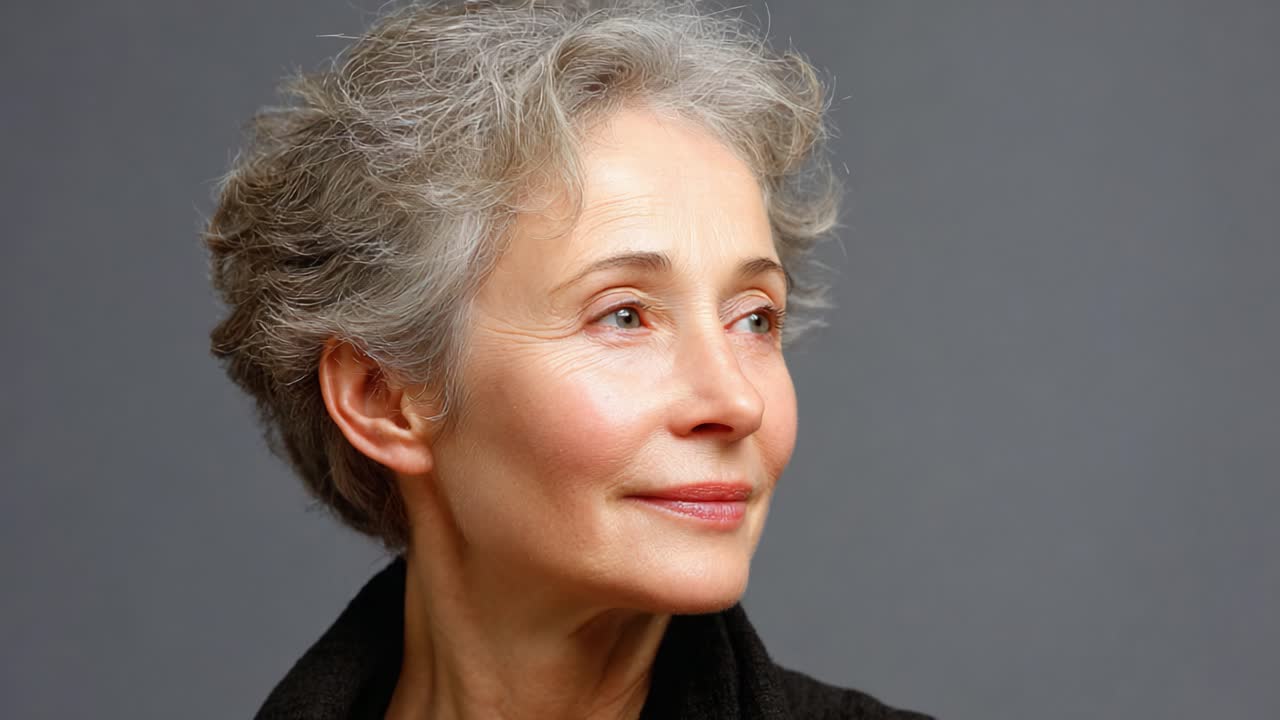 Aged Gracefully: Bright and Warm Expressions of a Mature Woman with Soft Gray Hair Captured in a Thoughtful Moment and Presence
