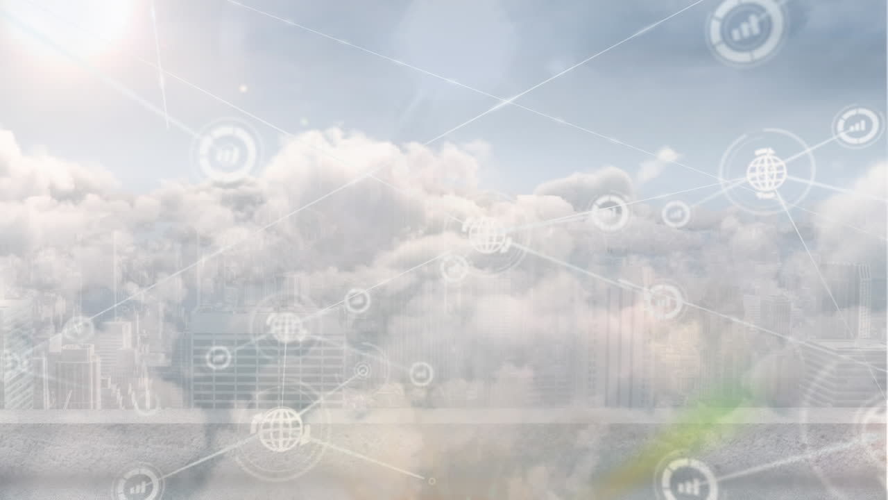 Animation of network of connections with icons over cityscape and sky with clouds