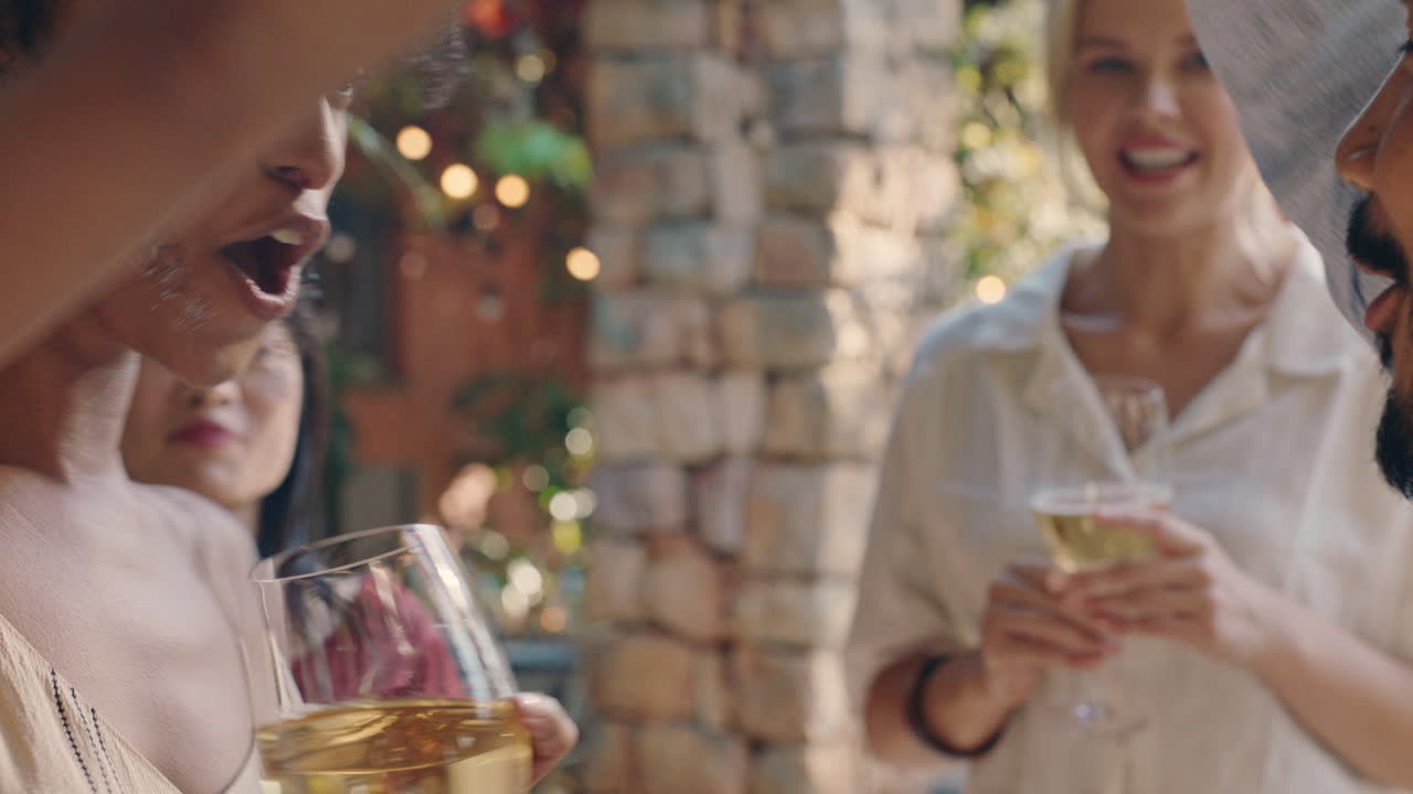 giovane asiatico che balla con una bella donna a una festa estiva amici che bevono vino che si godono la riunione sociale estiva che si divertono a festeggiare in una giornata di sole filmato in 4k