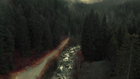 misty mountain forest road and creek