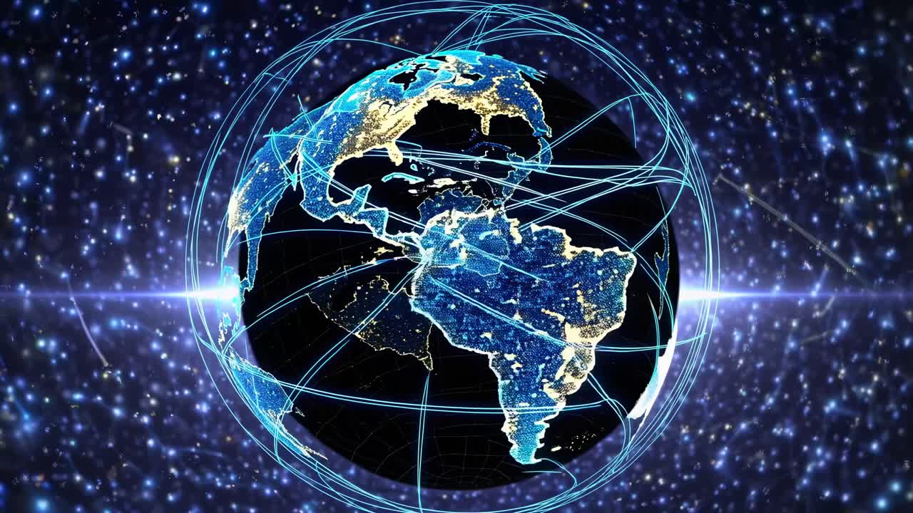 Aerial view of a digital Earth with glowing networks and stars, resembling a futuristic video