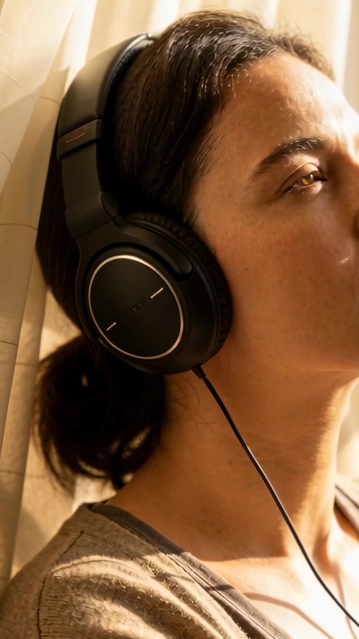 Video verticale: Sentire l'inizio di una canzone, donna in maglietta che inclina la testa all'indietro vicino a una tenda con cuffie cablate.