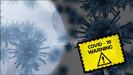 attention sign with covid-19 and warning text against covid-19 cells moving