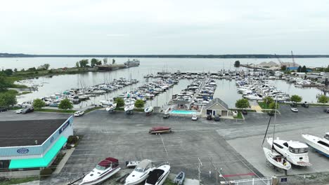 Various-boats-docked-at-a-small-Marina-on-a-cloudy-day