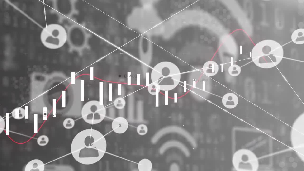 анимация интерфейса, показывающая значки средств массовой информации и подключенных людей белым цветом на сером фоне