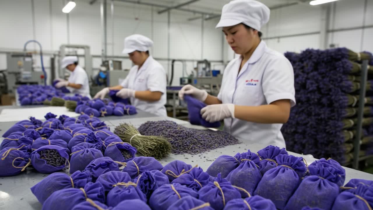 Laborers Engaged in the Art of Packaging Lavender Sachets in a Modern Facility, Displaying a Flourishing Work Ethic and the Beauty of a Natural Aroma Industry