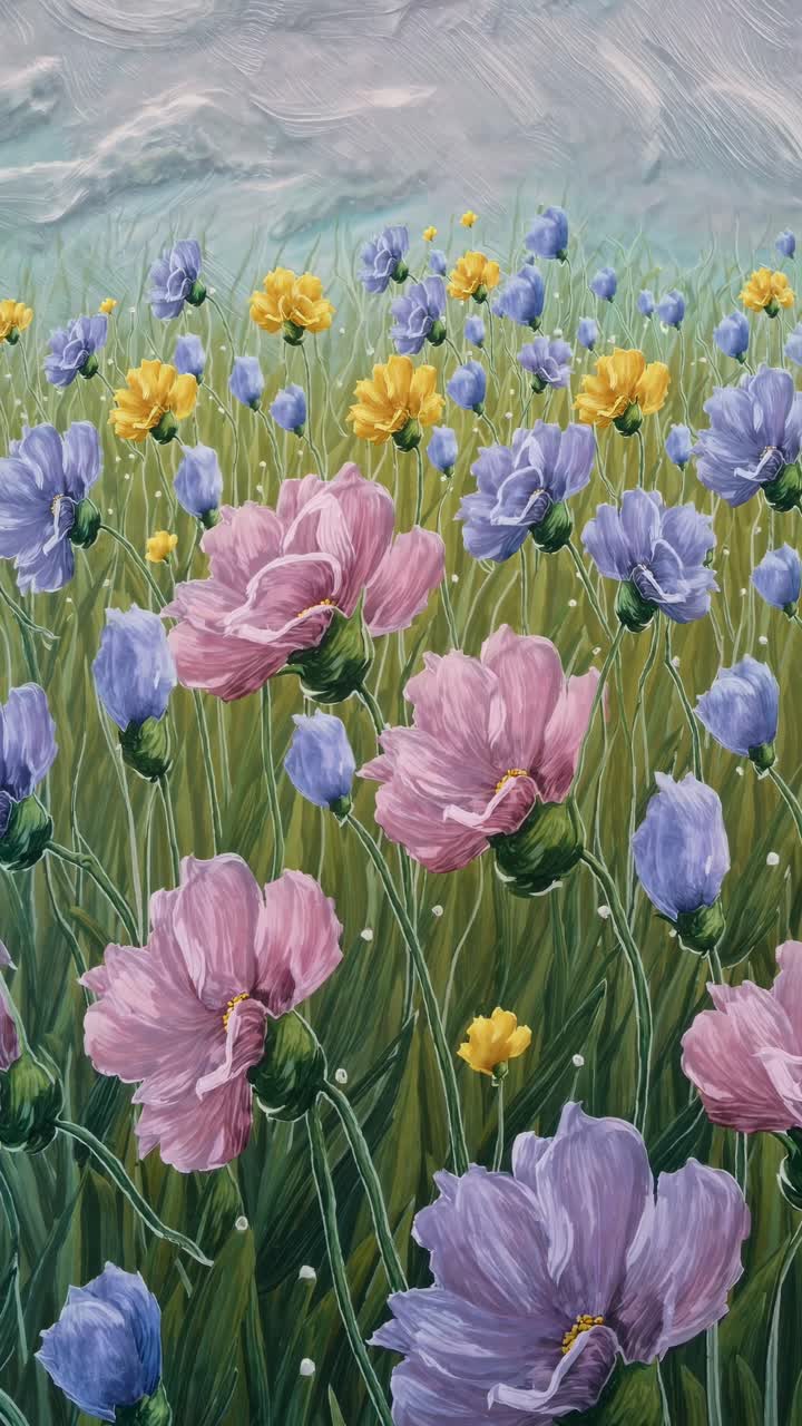 A dreamy, impressionistic video scene of a flower field with pastel hues, captured from a low angle