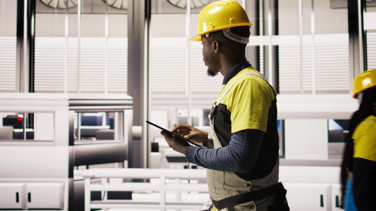 Vertical video Serviceman holding tablet walking in factory, inspecting systems