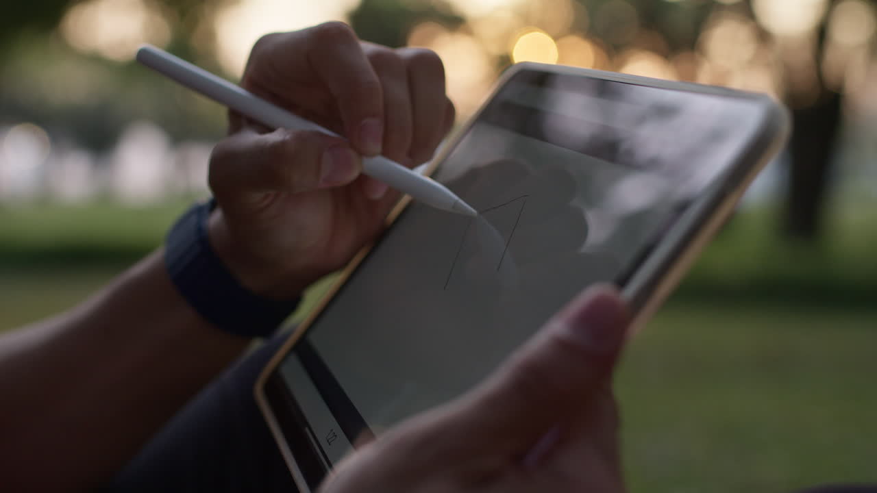Person drawing on a tablet outdoors