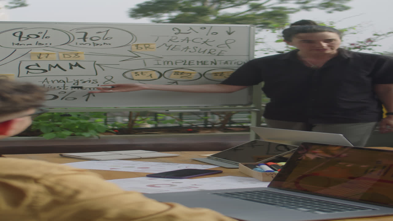 Female Marketing Specialist Giving Presentation on Outdoor Meeting