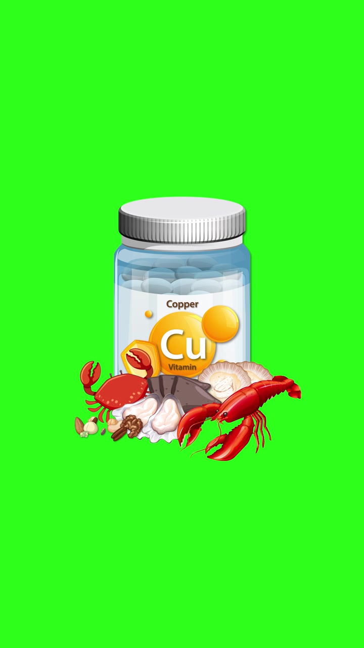 Bottiglia di vitamine in rame appare con illustrazioni di granchi e crostacei su uno sfondo verde brillante.